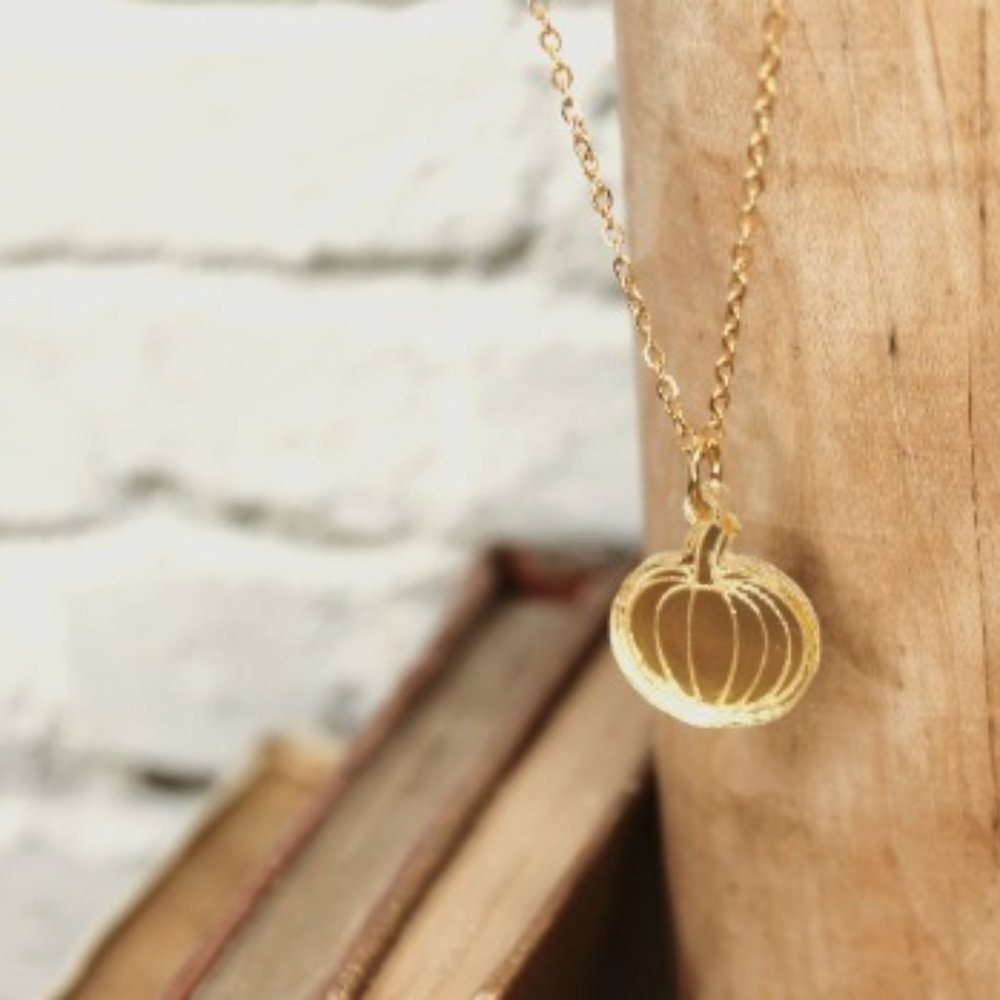 Tiny Gold Pumpkin Necklace  -  Gold Acrylic Pendant with 18 inch Gold Chain